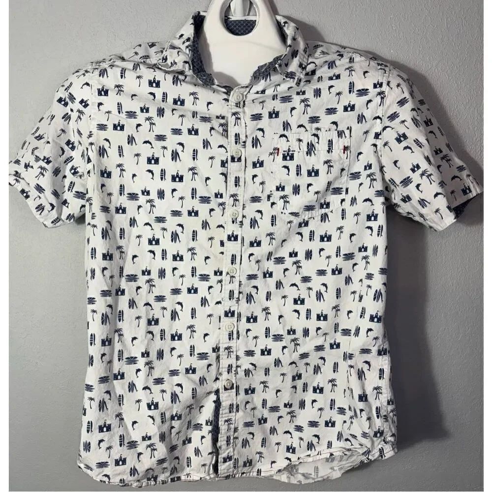 Burnside Men's White Tropical Print Button Down Short Sleeve Shirt Size M
